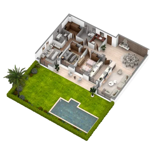 Plan appartement 3 chambres avec jardin et piscine privatifs