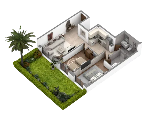 Plan appartement 2 chambres avec cuisine ouverte et jardin privatif